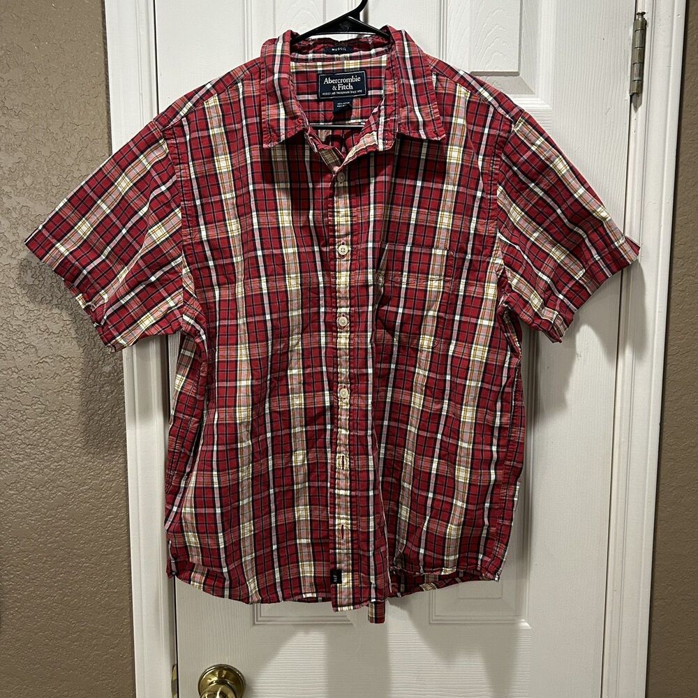 Abercrombie & Fitch Y2K Men Muscle Button Up Shirt Short Sleeve Red Plaid Sz XL
